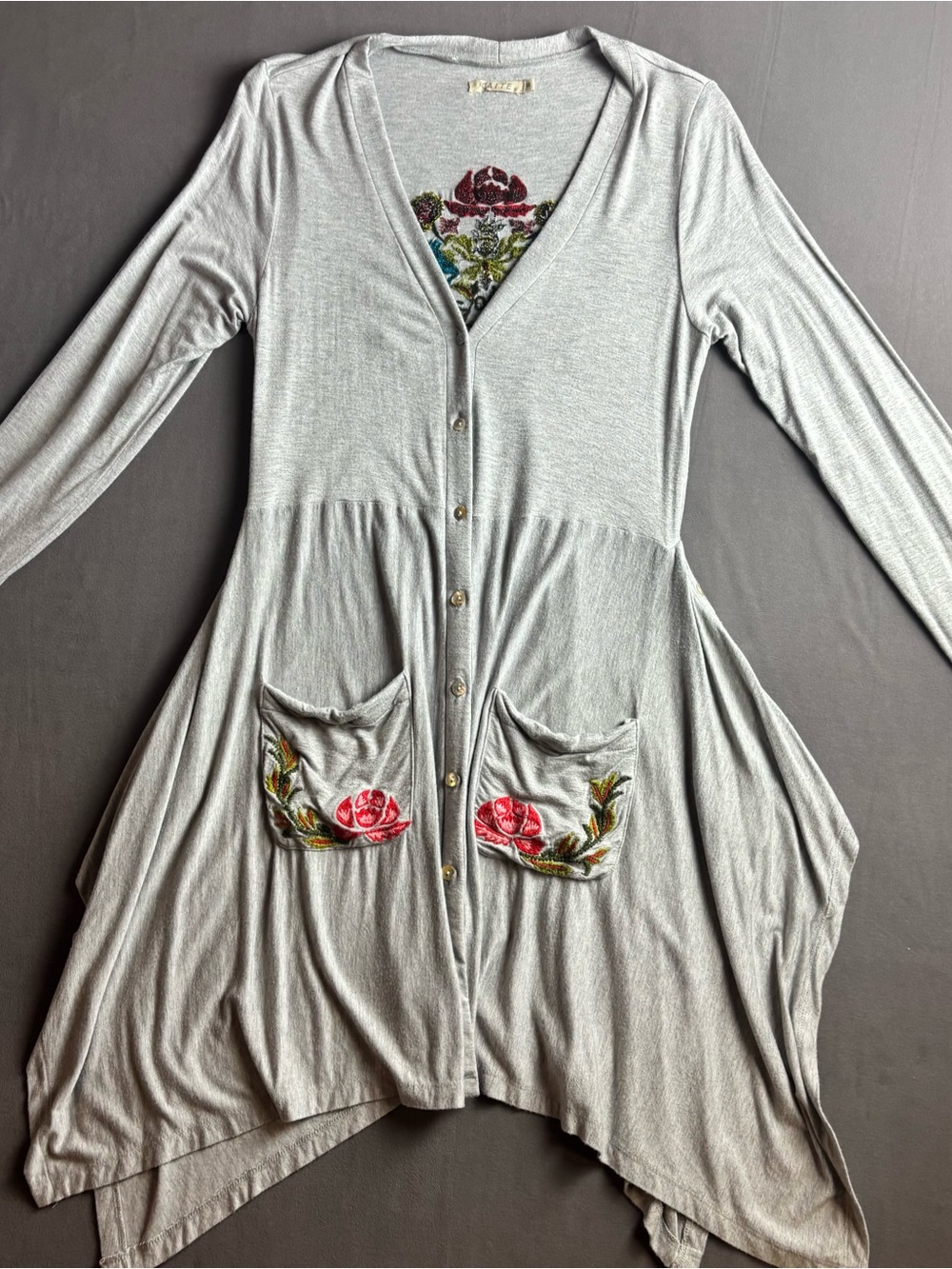 Caite Anthro Bohemian Shark Hem Button Floral Embroid Dress Jacket Cardigan